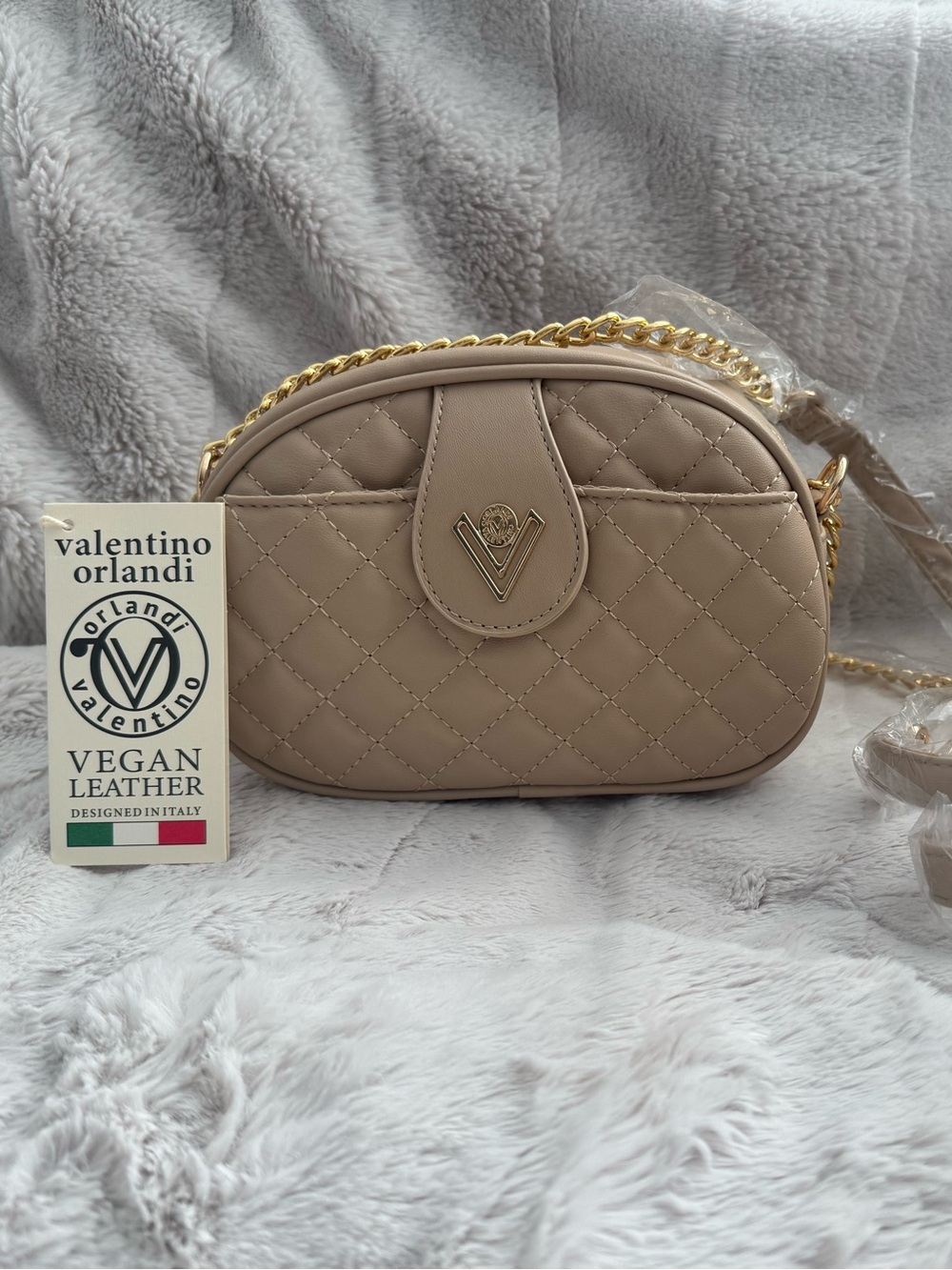 Valentino Orlandi Quilted Beige Crossbody with Gold Chain